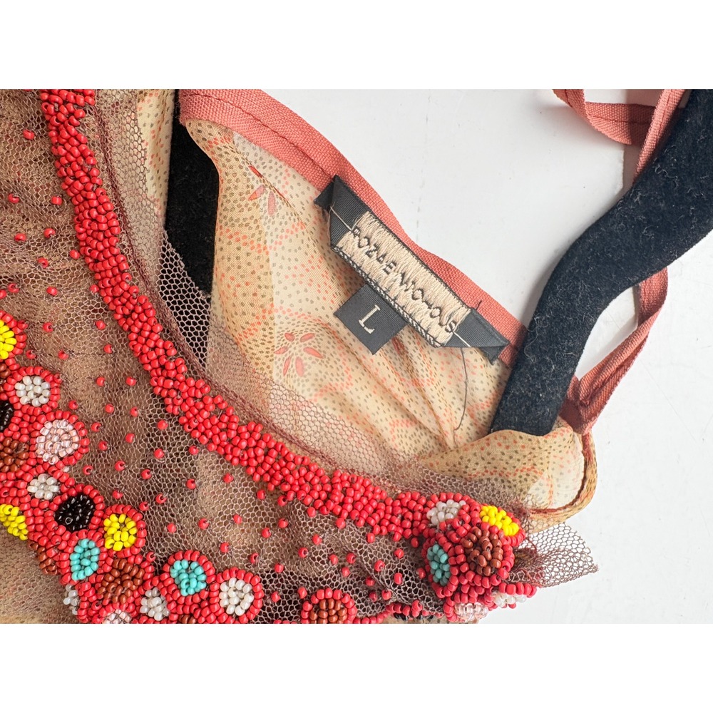 Rozae Nichols Women Orange Silk Beaded Halter Top Sheer Floral Asymmetric L - Picture 4 of 5